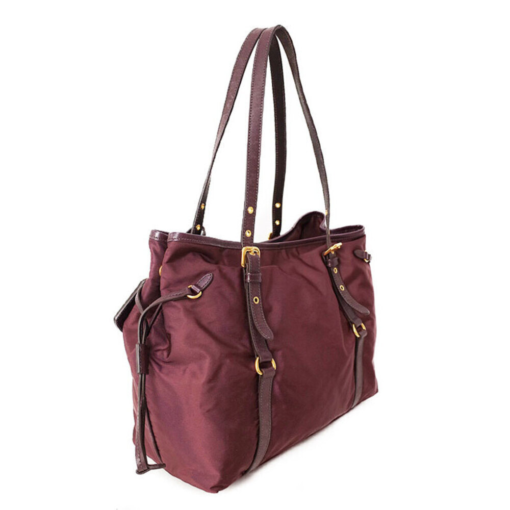 Prada Tessuto Nylon Saffiano Leather Tote Shoulder Bag wine red - Picture 2 of 9